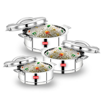 AVIAS Astra Casserole/Hotpot | Highly durable & odor free | Double wall insulated | Firm twist lock | Sturdy side handles | set of 3-1000 ml / 1500 ml / 2500 ml